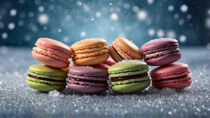 Colorful macarons stacked on a sparkly surface, evoking a festive and joyful mood.