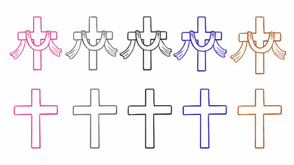 Fototapeta premium A set of cross vector icons featuring simple and decorated Christian crosses with cloth drapery, shown in multiple color outlines including pink, black, blue, and orange