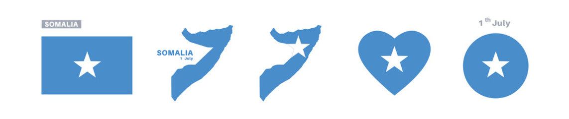 Obraz premium somalia flag and map set. somalia flag in official colors and proportions. independence day 1 july, map, circle and heart shaped somalia 