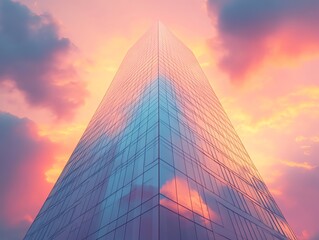 Modern skyscraper reflecting sunset colors against cloudy sky
