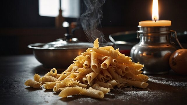 A steaming pile of uncooked pasta shells on a rustic wooden table with a candle and pot in the background.