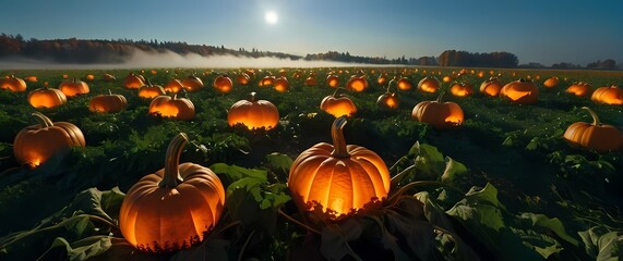Bright orange autumn pumpkin patch spread across lush green field beneath bright blue sky