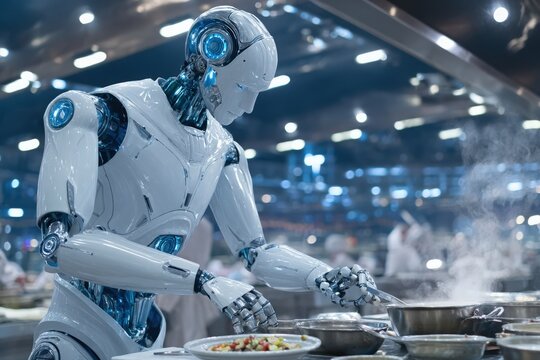 In a modern kitchen, a robot chef skillfully cooks gourmet dishes with precision. Steam rises from pots as it expertly combines ingredients, showcasing advanced culinary technology in action.