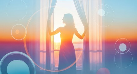 Woman opens curtains to reveal glowing sunset. Spiritual glow of sun and subtle abstract circle patterns. For new spiritual awakenings and affirmations.