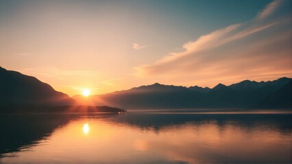 Serene Sunset Over Lake with Mountains