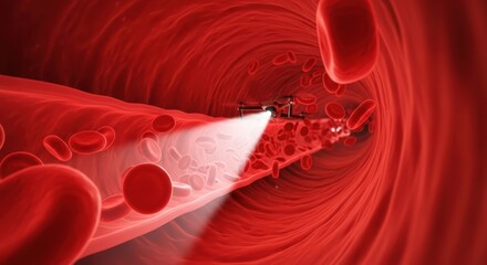 Drone flying through human blood vessel, illuminating red blood cells. Medical concept of microscopic exploration and treatment.