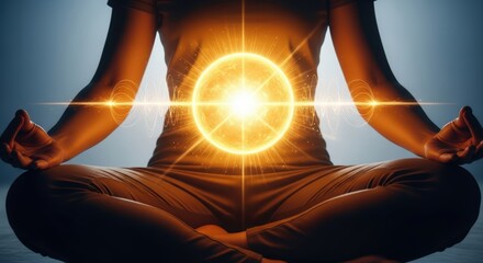 Woman meditating in lotus pose with bright orange glowing energy sphere in stomach area. Spiritual healing and positive affirmation concept.