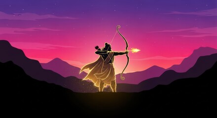 A radiant man holding a bow and arrow during sunset or sunrise on a high mountain. Diwali celebration greeting card for Hindu holiday.