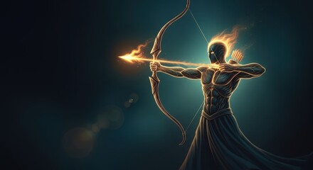 Spiritual archer aiming with glowing bow and arrow. Divine energy and positive affirmation concept for inner strength.