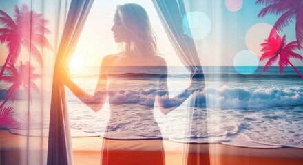 Woman looking out at sunrise ocean view through open curtains. Double exposure tropical beach scene. Spiritual awakening concept for positive affirmations.