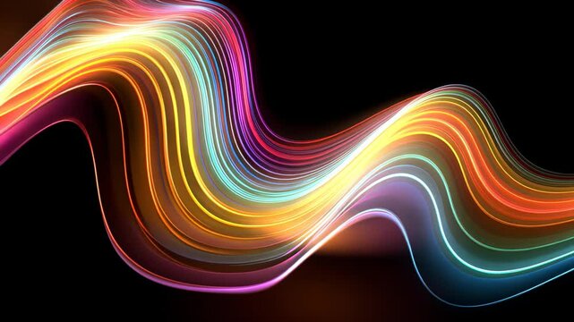 Vibrant, multicolored wave design on a black background. The wave is composed of numerous, thin, parallel lines of varying colors and brightness, creating a dynamic and energetic visual effect