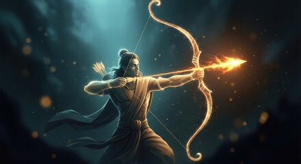 Lord Rama aims his bow and flaming arrow in a dramatic pose. Hindu god with divine power for spiritual themes and religious worship.