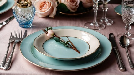 Elegant dining table setting with pastel blue plates and delicate floral accents, ideal for special occasions.