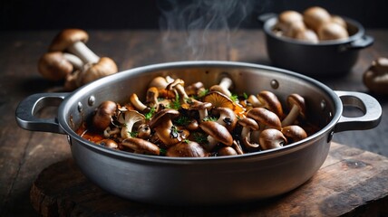 Obraz premium A beautifully presented dish of sautéed mushrooms in a stainless steel pan, with herbs and steam rising, on a rustic wooden table.