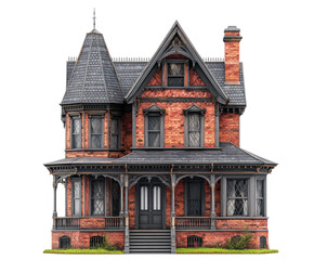 Victorian house architecture historic district digital urban scene isolated on transparent background