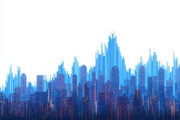 Fototapeta premium Vibrant representation of a futuristic city skyline, featuring tall, geometric buildings in varying shades of blue. The design conveys a modern urban atmosphere, with clean lines and depth.