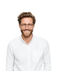 Smiling man in white shirt portrait joyful vibe isolated on transparent background