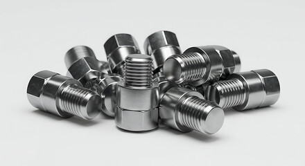 A pile of new, precision-machined threaded hex plugs made from stainless steel, isolated on a clean white background.