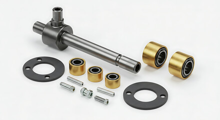 A meticulously arranged mechanical repair kit or sub-assembly, displayed in a clean studio setting against a light gray background.