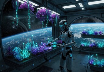 Robot tending to vibrant extraterrestrial plants in a futuristic space station with a stunning view of Earth