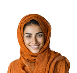 Joyful portrait of young woman in orange hijab natural smiling isolated on transparent background