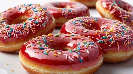 Six delicious donuts topped with bright pink icing and colorful sprinkles on a white background.