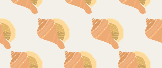Flat illustration. Seamless sea shells. In cartoon style. Cute print. Ideal for gift wrapping, posters, covers, screensavers, textile decor, etc.