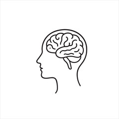 Human Head with Brain Line Art Icon - Intelligence, Psychology, and Thinking Process Symbol for Mental Health and Education