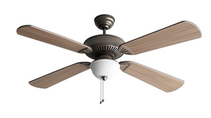 A fan with wooden wings, isolated on white background as a transparent PNG, featuring natural texture, elegant design, and functional airflow.