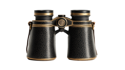 A pair of black binoculars with detailed features, isolated on a white or transparent background in high-resolution PNG format.
