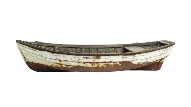 An old white wooden boat with visible weathered texture, isolated on a white or transparent background in high-resolution PNG format.
