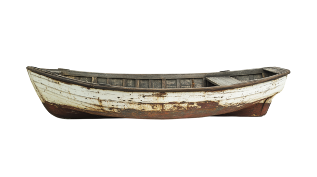 An old white wooden boat with visible weathered texture, isolated on a white or transparent background in high-resolution PNG format.
