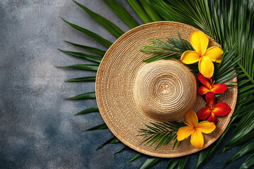 Top view of summer straw hat decorated with tropical flowers and palm leaves on dark textured background. For travel, vacation, beach fashion concepts, or summer holiday themes in advertising