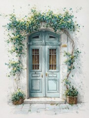 Softly colored blue double doors stand in a cozy location, surrounded by vibrant green vines. The charming entrance invites exploration, featuring potted plants on either side.
