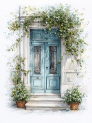 Fototapeta premium A beautiful blue door stands impressively, embraced by vibrant green vines and blooming plants. The setting is tranquil and picturesque, evoking a sense of peace and charm.