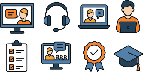 Flat vector icons of webinar monitor, support headset, educational video, student with laptop, online checklist, video conference, certificate badge, graduation cap