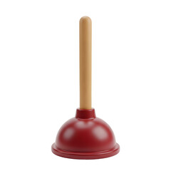Isolated Red Plunger with Wooden Handle and Transparent Background for Cleaning Purpose