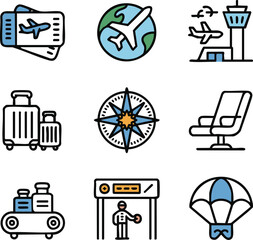 Travel Icons Airplane Tickets, Luggage, Compass, Airport, and More