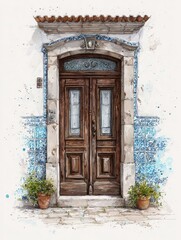 Fototapeta premium This artwork features an inviting wooden door framed by beautifully detailed blue and white tiles. Potted plants add a touch of greenery, enhancing the homes charm in a serene outdoor setting.