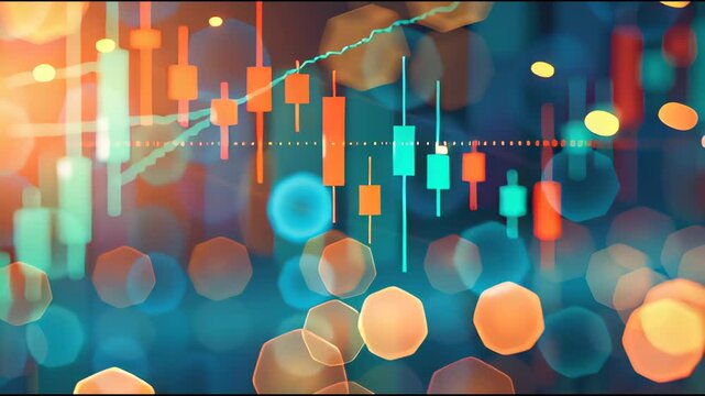 Immersive AI-driven animation of multicolored candlestick silhouettes, dotted trendlines, floating geometric data markers, and subtle particle effects set against a blurred financial backdrop for stor