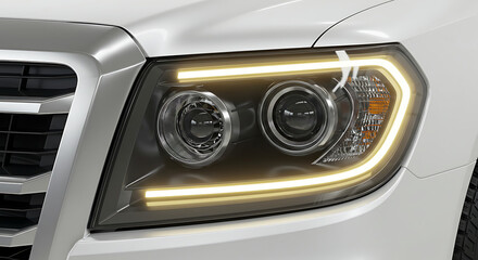 A detailed close-up of a modern automotive headlight on a white vehicle, showcasing its illuminated LED daytime running lights (DRL). 