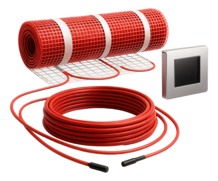 An electric underfloor heating kit with a customizable cable length, perfect for fitting irregularly shaped rooms in a house.