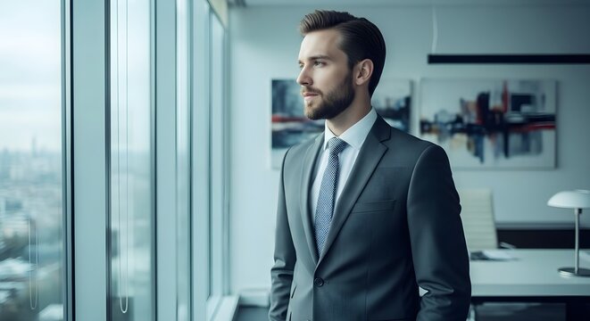 A contemplative businessman gazes out the window of a modern office, deep in thought. - Powered by Adobe