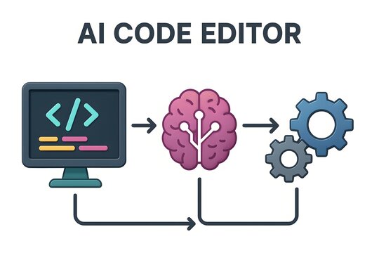 AI Code Editor Infographic with Intelligent Programming Interface for Development Teams