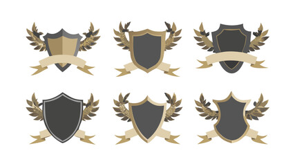 Shields vector graphic heraldic shield with laurel wreath and ribbon banner set