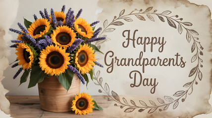 A beautiful arrangement of sunflowers and lavender in a rustic wooden pot, accompanied by a handwritten Happy Grandparents Day message