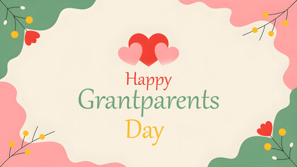 A vibrant and playful design featuring two heart shapes and colorful abstract borders in shades of pink and green with the text Happy Grandparents Day