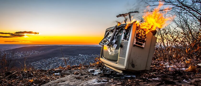 Burning television set on a hillside at sunset.