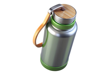 Obraz premium Modern stainless steel water bottle with a wooden lid shines against a dark backdrop, perfect for sustainable hydration and stylish reusable container concepts, transparent background