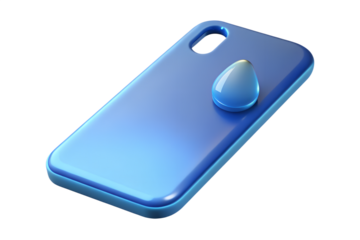 A sleek blue smartphone case with a glossy finish and water droplet design accents its minimalist aesthetic against a black backdrop, transparent background